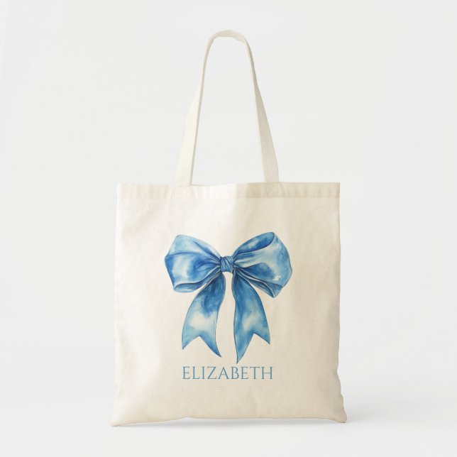 Preppy Blue and White Bow Personalized Tragetasche (Vorne)