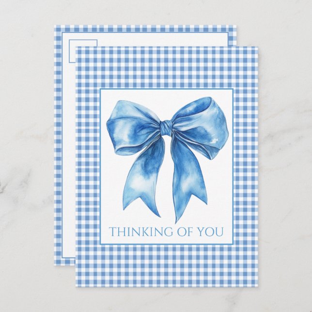 Preppy Blue and White Gingham Plaid and Bow Postkarte (Vorne/Hinten)