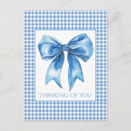 Preppy Blue and White Gingham Plaid and Bow Postkarte