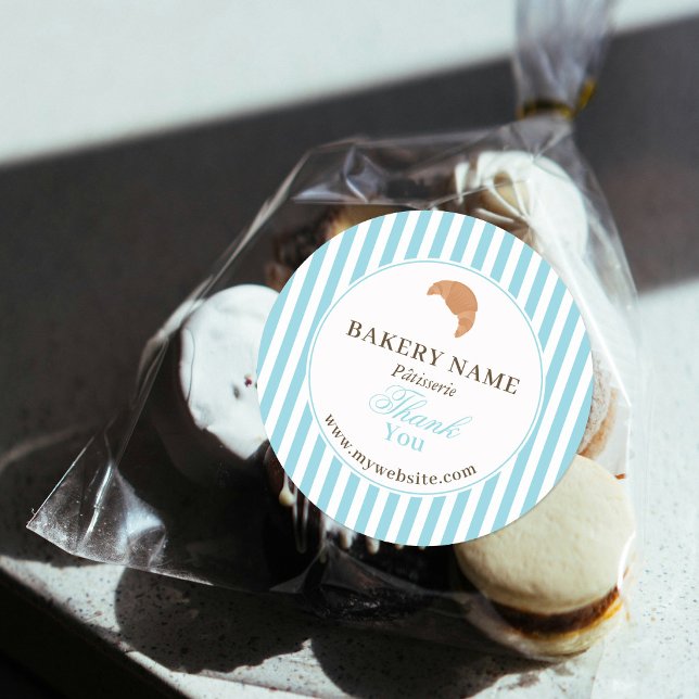 Preppy Blue Brown Stripes Bakery Logo Thank You Runder Aufkleber (Preppy Blue Brown Stripes Bakery Logo Thank You Classic Round Sticker)