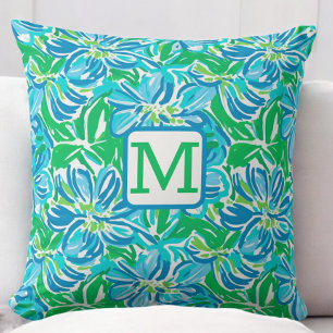 Preppy Blue Flowers Monogram Kissen