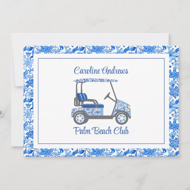 Preppy Blue Flowers Palm Beach Golf Cart Dankeskarte (Vorderseite)