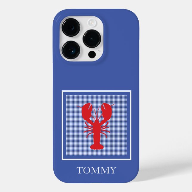 Preppy Blue Gingham Red Lobster Name Coastal Case-Mate iPhone Hülle (Rückseite)