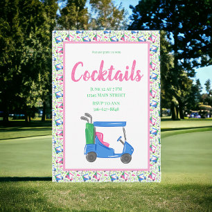 Preppy Blue Golf Cart Cocktail Party Border Einladung