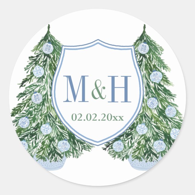 Preppy Blue Green Holidays Wedding Monogram Fevor Runder Aufkleber (Vorderseite)