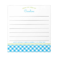 Preppy Blue & Green Script Gingham Lined Notepad