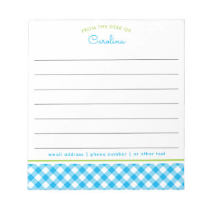 Preppy Blue & Green Script Gingham Lined Notepad Notizblock