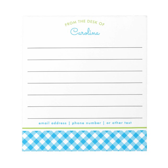 Preppy Blue & Green Script Gingham Lined Notepad Notizblock (Vorderseite)