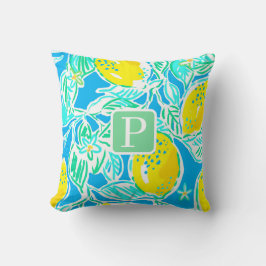 Preppy Blue Lemon Pattern Initial Pillow Kissen