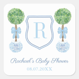 Preppy Blue Monogram Boxwood Baby Showvorteil Quadratischer Aufkleber