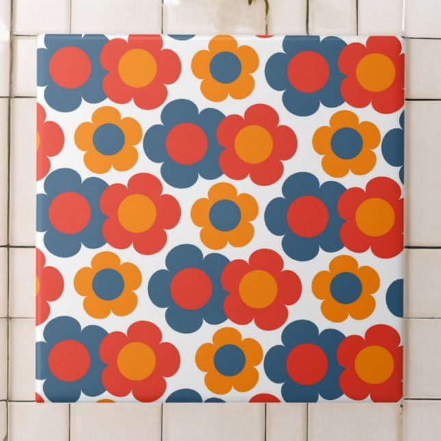Preppy Blue Orange Hippie Blume Muster Fliese (Von Creator hochgeladen)