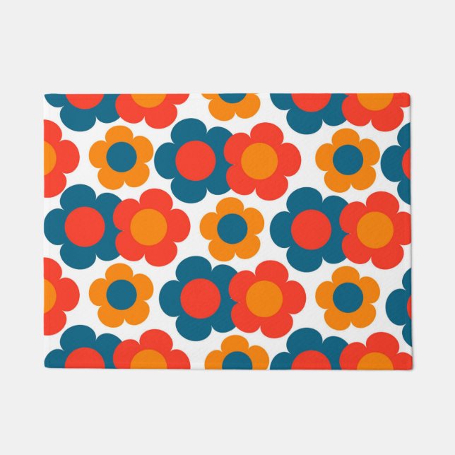 Preppy Blue Orange Hippie Blume Muster Fußmatte (Vorderseite)