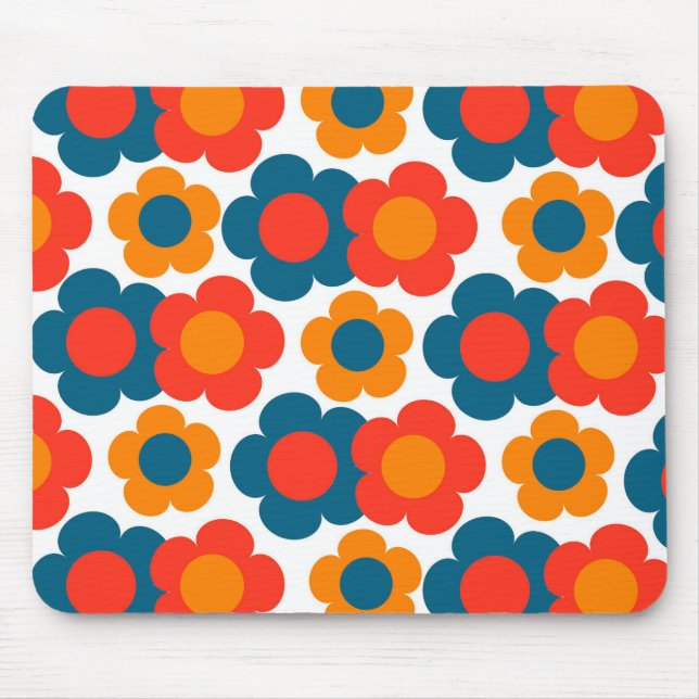 Preppy Blue Orange Hippie Blume Muster Mousepad (Vorne)