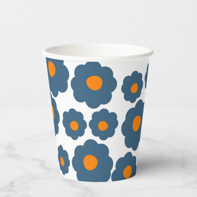 Preppy Blue Orange Hippie Blume Muster Pappbecher (Vorderseite)