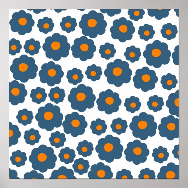 Preppy Blue Orange Hippie Blume Muster Poster (Vorne)