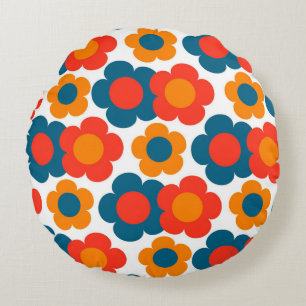 Preppy Blue Orange Hippie Blume Muster Rundes Kissen