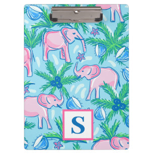 Preppy Blue Pink Green Elephant Monogram Klemmbrett