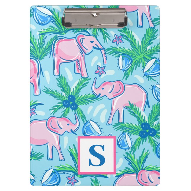 Preppy Blue Pink Green Elephant Monogram Klemmbrett (Vorderseite)