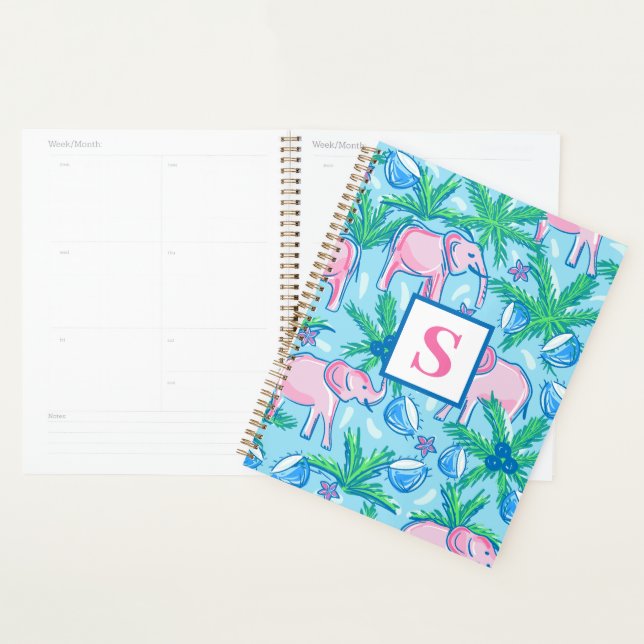 Preppy Blue Pink Green Elephant Monogram Planer (Anzeige)