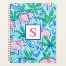 Preppy Blue Pink Green Elephant Monogram