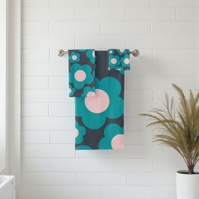 Preppy Blue Pink Hippie Blume Muster Badhandtuch Set (Preppy Blue Pink Hippie Flower Pattern Bath Towel Set)