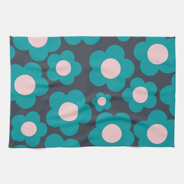 Preppy Blue Pink Hippie Blume Muster Geschirrtuch (Horizontal)