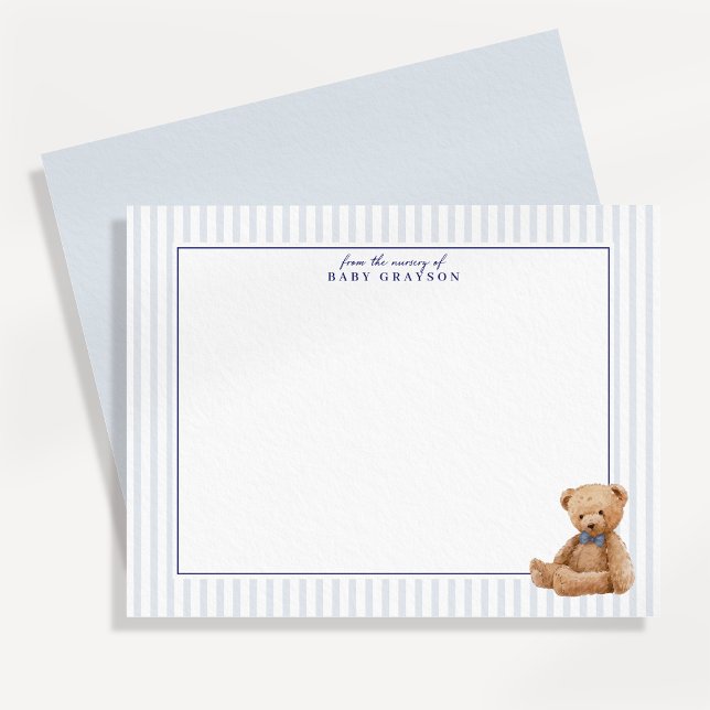 Preppy Blue Striped Teddy Bear Nursery note card Ankündigung (Von Creator hochgeladen)