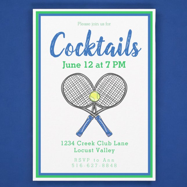 Preppy Blue Tennis Racquets Cocktail Party Einladung (Von Creator hochgeladen)