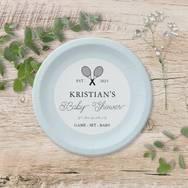 Preppy Blue Tennis Theme Chic Baby Dusche Pappteller (elegant blue tennis theme baby shower paper plates with personalized text for preppy chic events)