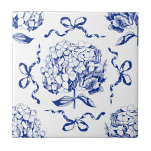 Preppy Blue Toile Hydrangea Bow Nahtloses Muster