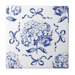 Preppy Blue Toile Hydrangea Bow Nahtloses Muster Fliese