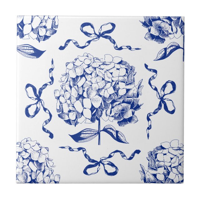 Preppy Blue Toile Hydrangea Bow Nahtloses Muster Fliese (Vorderseite)