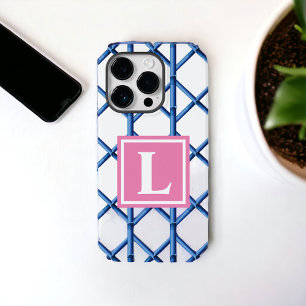 Preppy Blue Trellis Bamboo Muster Monogram Case-Mate iPhone 14 Pro Hülle