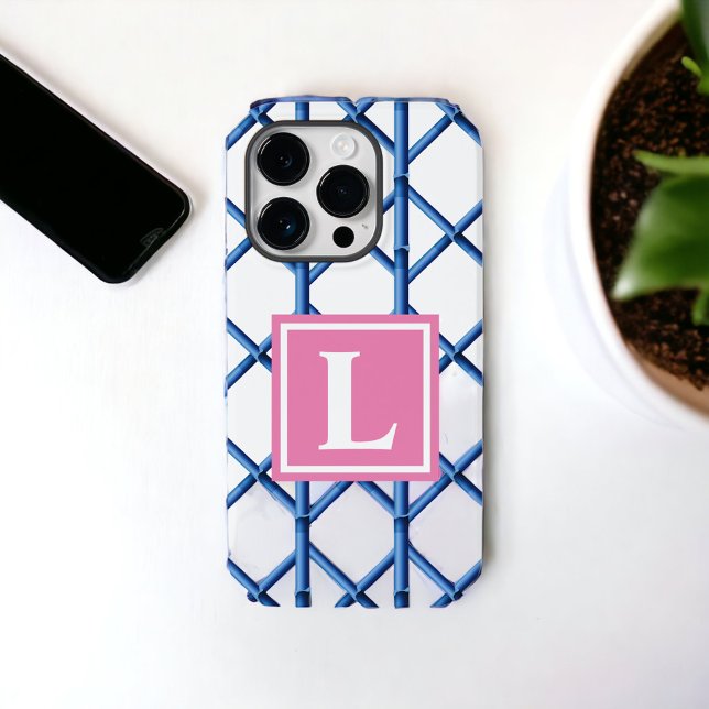 Preppy Blue Trellis Bamboo Muster Monogram Case-Mate iPhone Hülle (Von Creator hochgeladen)