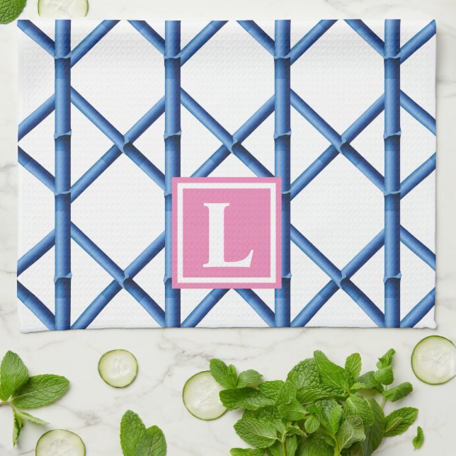Preppy Blue Trellis Bamboo Muster Monogram Geschirrtuch (Gefaltet)