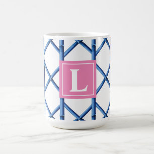 Preppy Blue Trellis Bamboo Muster Monogram Kaffeetasse