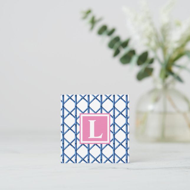 Preppy Blue Trellis Bamboo Muster Monogram Mitteilungskarte (Stehend Vorderseite)