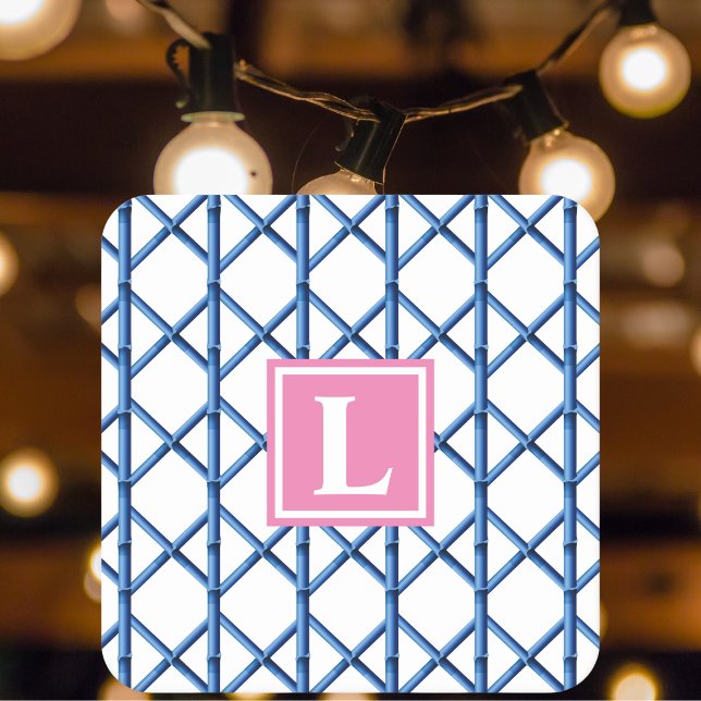 Preppy Blue Trellis Bamboo Muster Monogram Rechteckiger Pappuntersetzer (Von Creator hochgeladen)