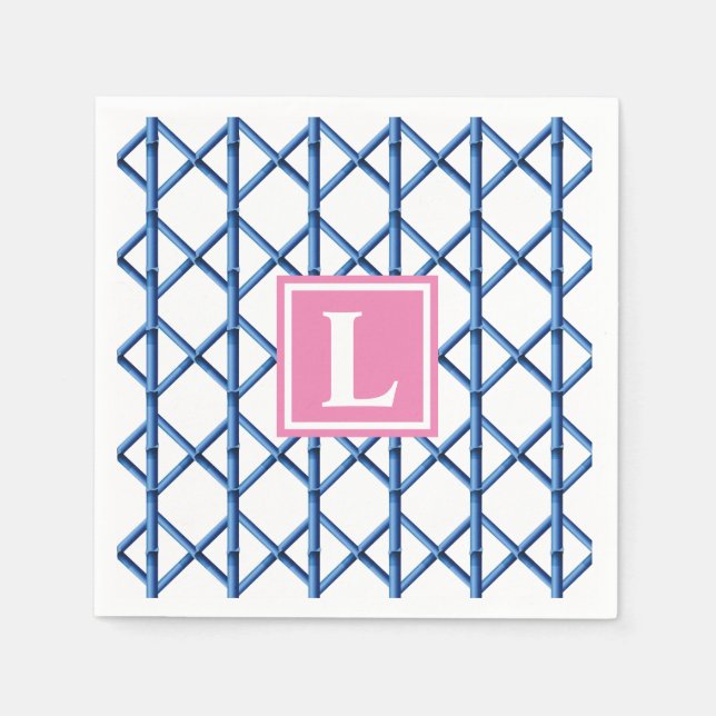 Preppy Blue Trellis Bamboo Muster Monogram Serviette (Vorderseite)