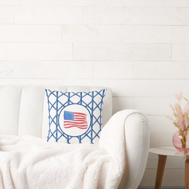 Preppy Blue Trellis Bamboo Pattern American Flag Kissen (Liege)