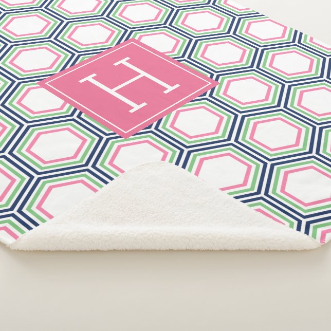 Preppy Blue und Green Honeycomb Print Mit Monogram Sherpadecke (3/4)