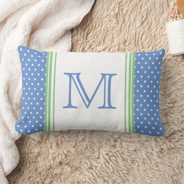 Preppy Blue und Green Polka Dot Monogram Lendenkissen (Decke)