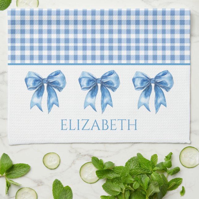 Preppy Blue und White Gingham und Bow Geschirrtuch (Gefaltet)