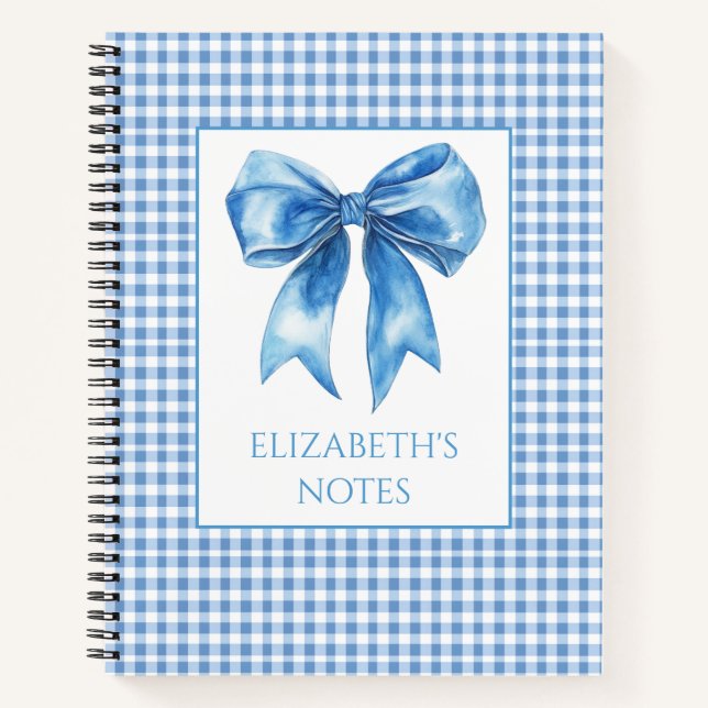 Preppy Blue und White Gingham und Bow Notizbuch (Vorderseite)