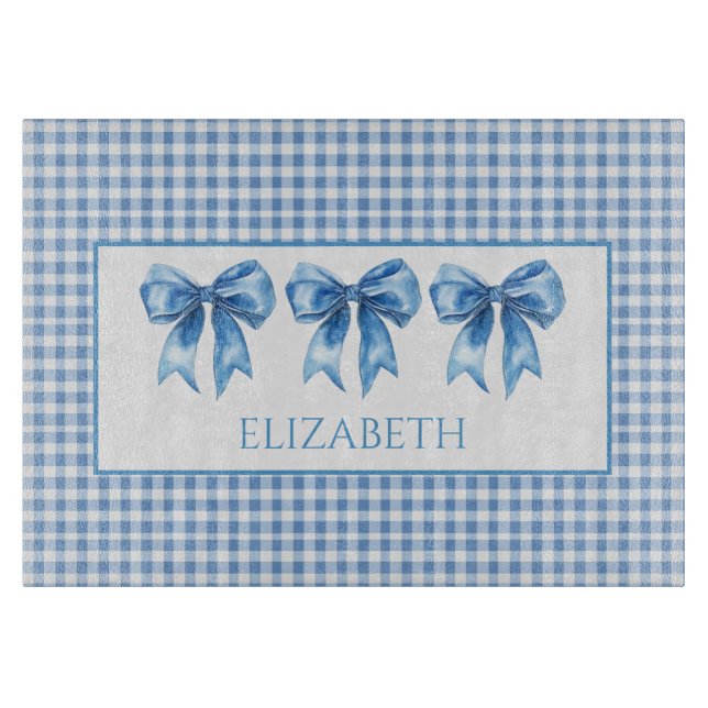 Preppy Blue und White Gingham und Bow Schneidebrett (Vorderseite)