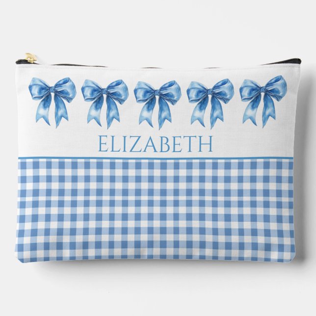 Preppy Blue und White Gingham und Bow Zubehörtasche (Vorderseite)