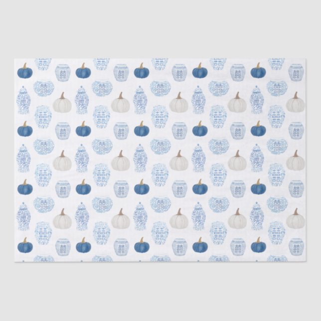 Preppy Blue und White Pumpkins Ginger Jars Fall Seidenpapier (Vorderseite)