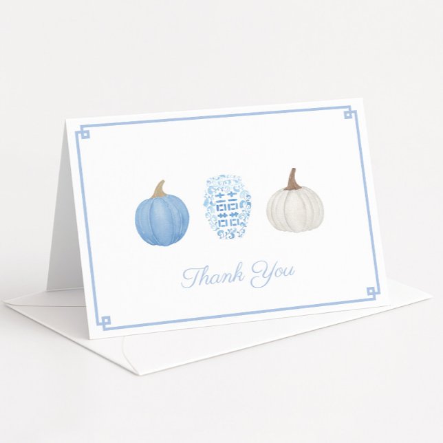 Preppy Blue White Chinoiserie Pumpkins Baby Dusche Dankeskarte (Preppy blue and white watercolor pumpkins thank you card design with ginger jar)