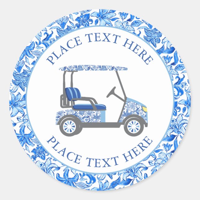 Preppy Blue & White Flowers Golf Cart Runder Aufkleber (Vorderseite)