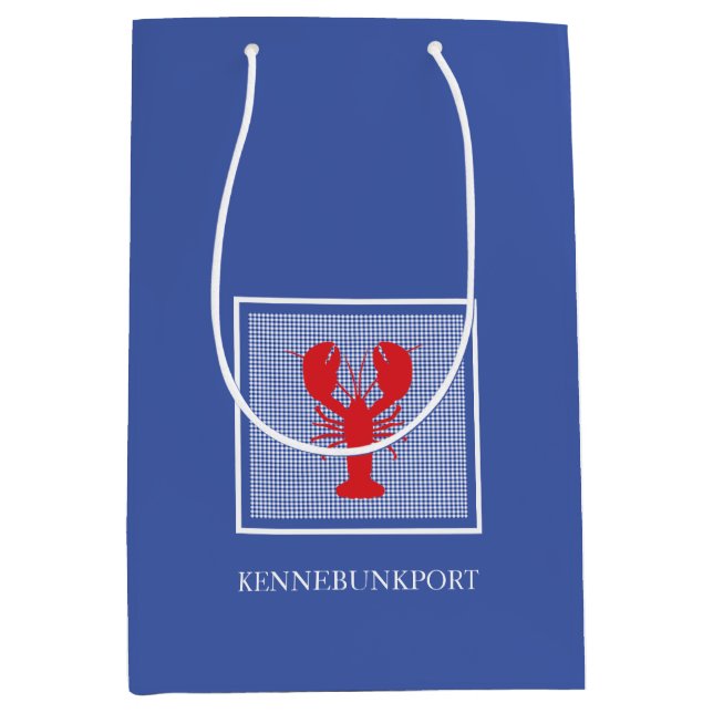 Preppy Blue White Gingham Red Lobster Coastal Town Mittlere Geschenktüte (Vorderseite)
